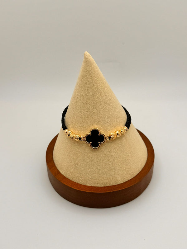Black Clover Thread Bracelet with Carved Beads - Yellow Gold - 18 Kts Jewelry