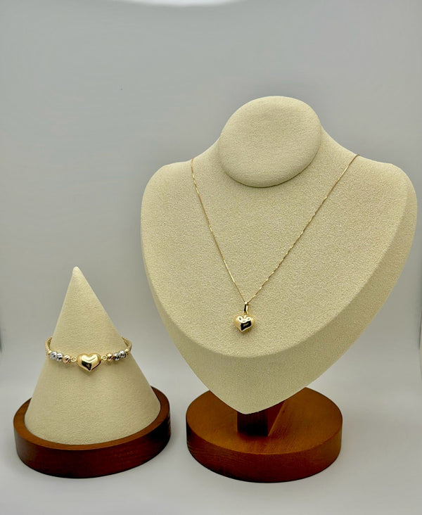 Jewelry Set Heart Thread Bracelet with Three Gold Beads + Chain (50cm) + Heart Pendant - 18 Kts Yellow Gold