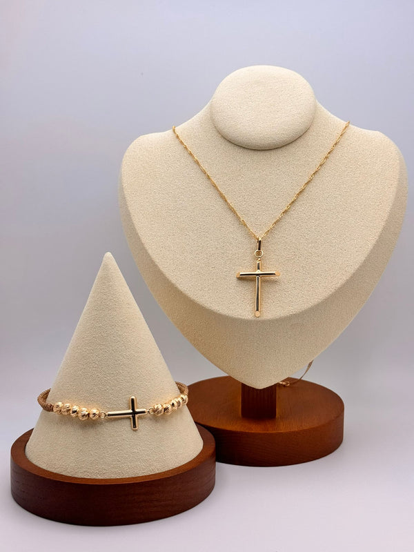 Cross Thread Bracelet with Carved Beads and Chain [50cm] + Cross Pendant - 18 Kt Yellow Gold